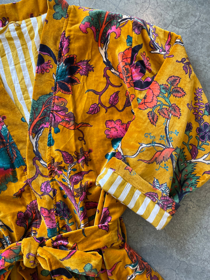 Custom Hand Printed Cotton Velvet Robe | Tumeric Flower