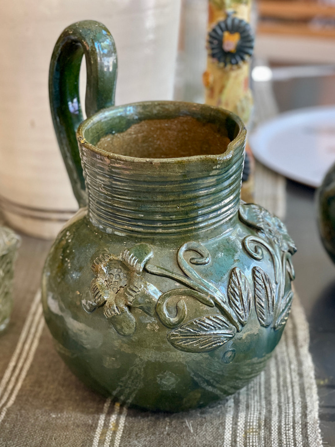 Vintage Mexican Terracotta Green Glaze Pitcher w/Floral Motif