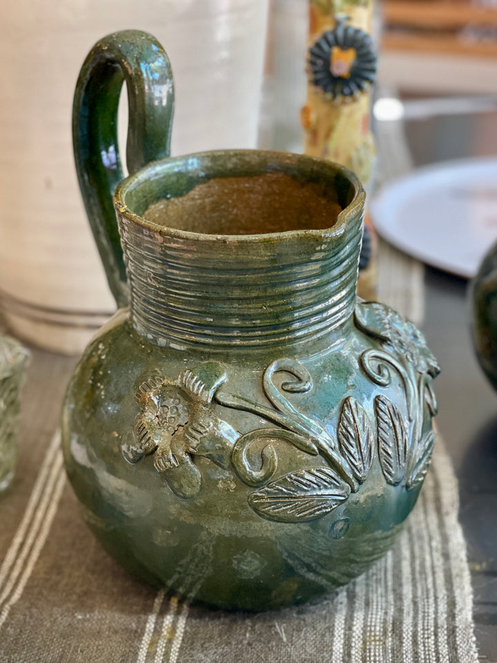 Vintage Mexican Terracotta Green Glaze Pitcher w/Floral Motif