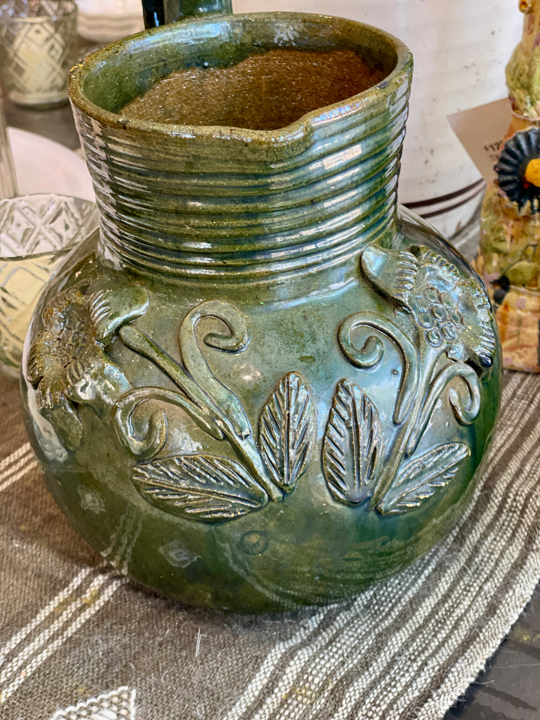 Vintage Mexican Terracotta Green Glaze Pitcher w/Floral Motif