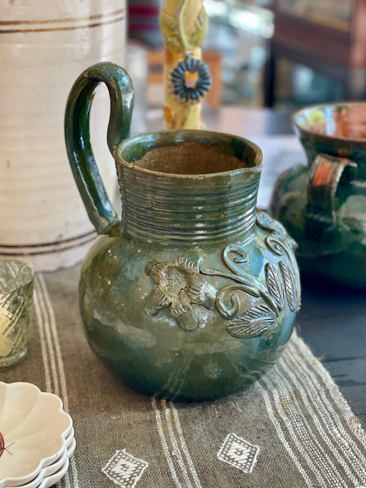 Vintage Mexican Terracotta Green Glaze Pitcher w/Floral Motif