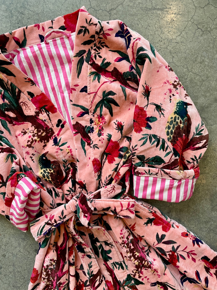 Custom Hand Printed Cotton Velvet Robe | Pale Pink Bird