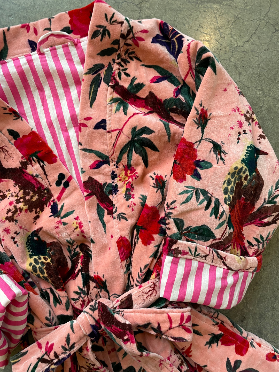 Custom Hand Printed Cotton Velvet Robe | Pale Pink Bird