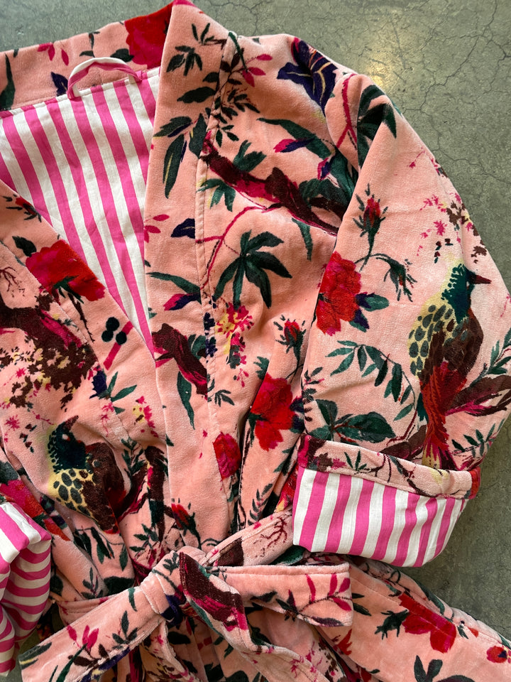 Custom Hand Printed Cotton Velvet Robe | Pale Pink Bird