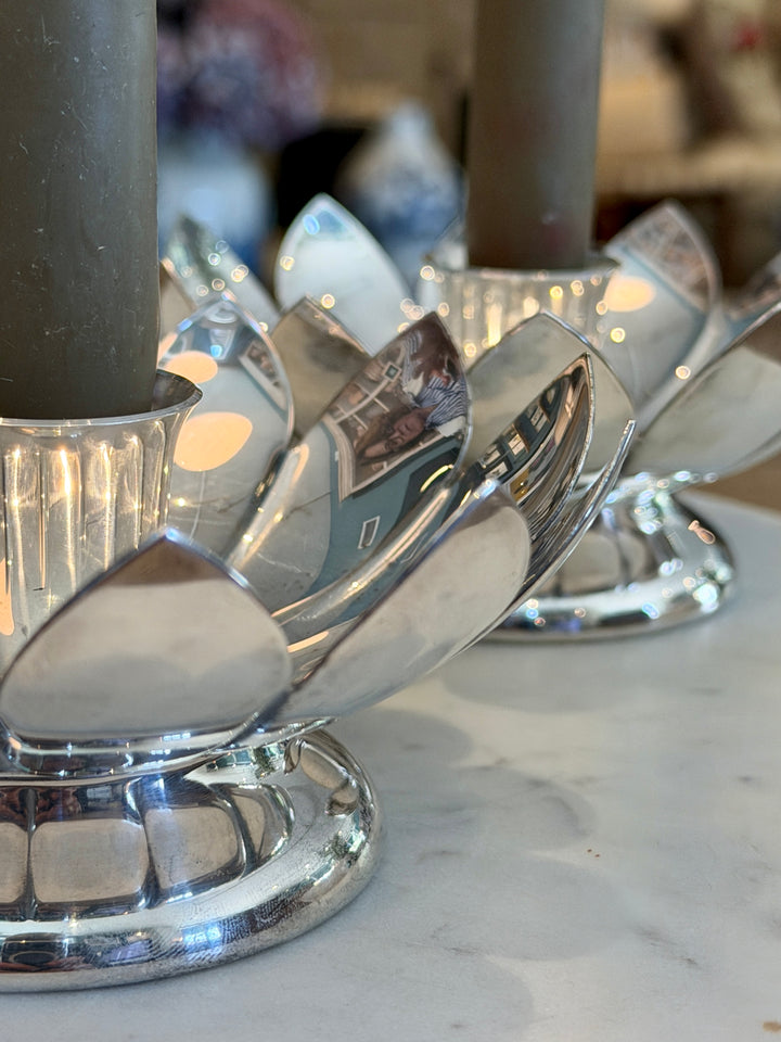 Vintage Silver Plate Lotus Flower Candle Holders, Reed & Barton | Pair