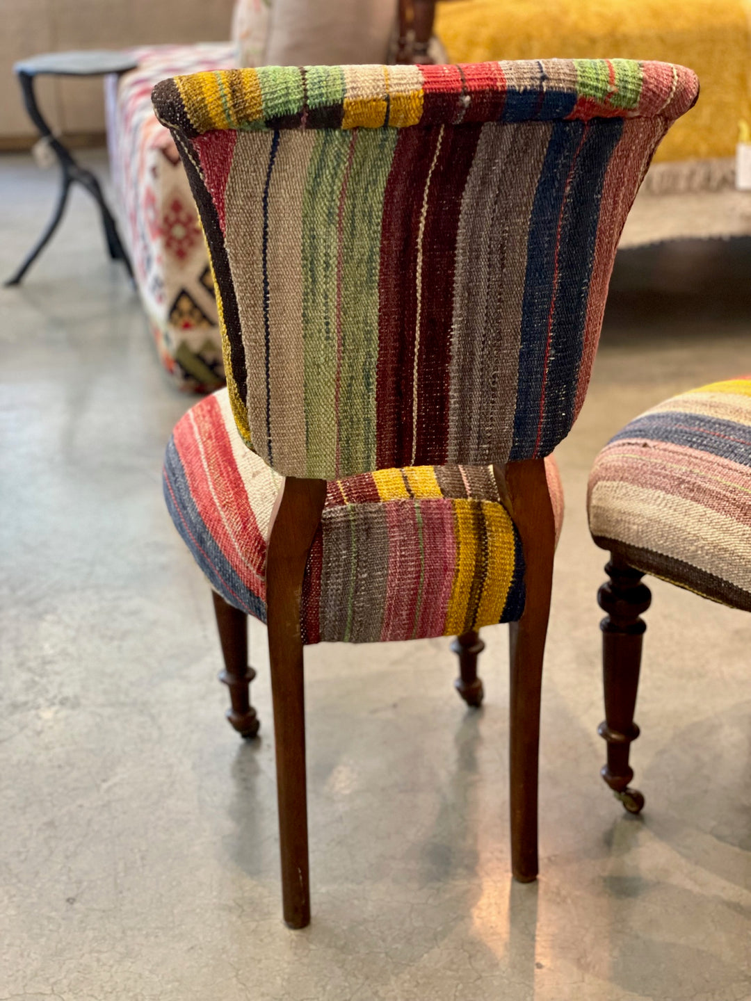 Vintage Side Chairs Newly Upholstered in Wool Stripe Rug | Pair