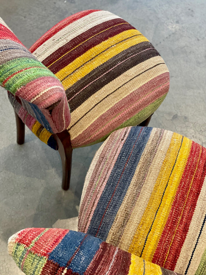 Vintage Side Chairs Newly Upholstered in Wool Stripe Rug | Pair