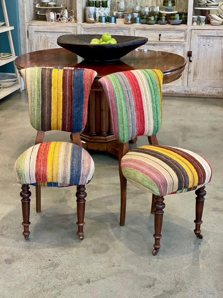 Vintage Side Chairs Newly Upholstered in Wool Stripe Rug | Pair