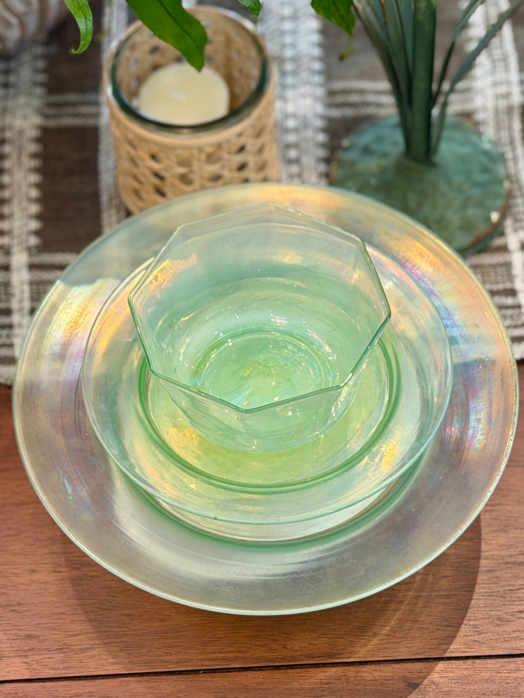 Antique Green Venetian Glass Luncheon Set | Set of 6