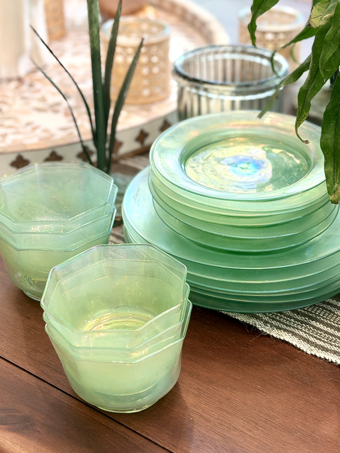 Antique Green Venetian Glass Luncheon Set | Set of 6