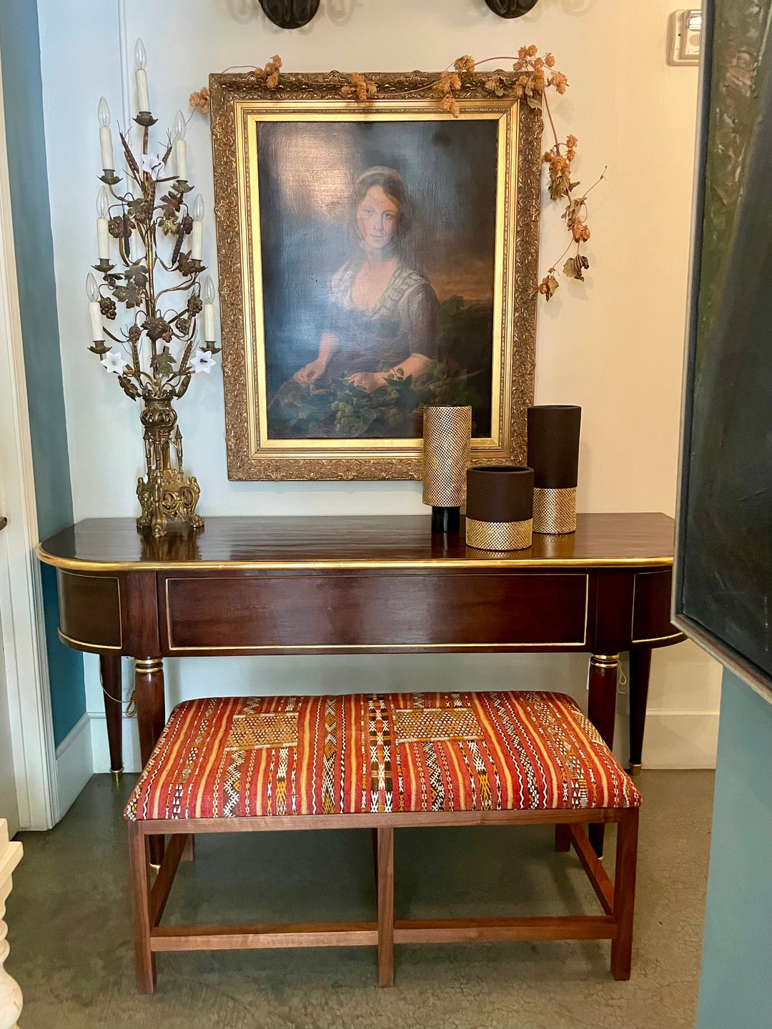 Custom Walnut Bench Newly Upholstered in Vintage Turkish Textile