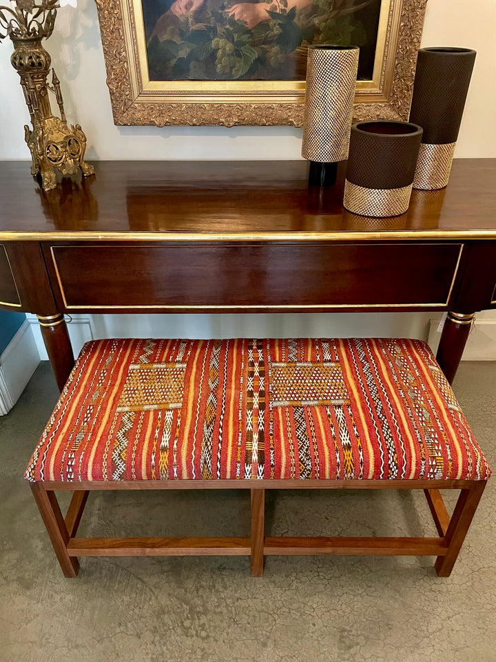 Custom Walnut Bench Newly Upholstered in Vintage Turkish Textile