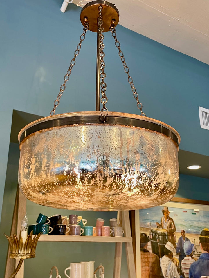 Custom Hanging Pendant Light w/ Antiqued Mercury Glass Bowl + Oil Rubbed Bronze Frame