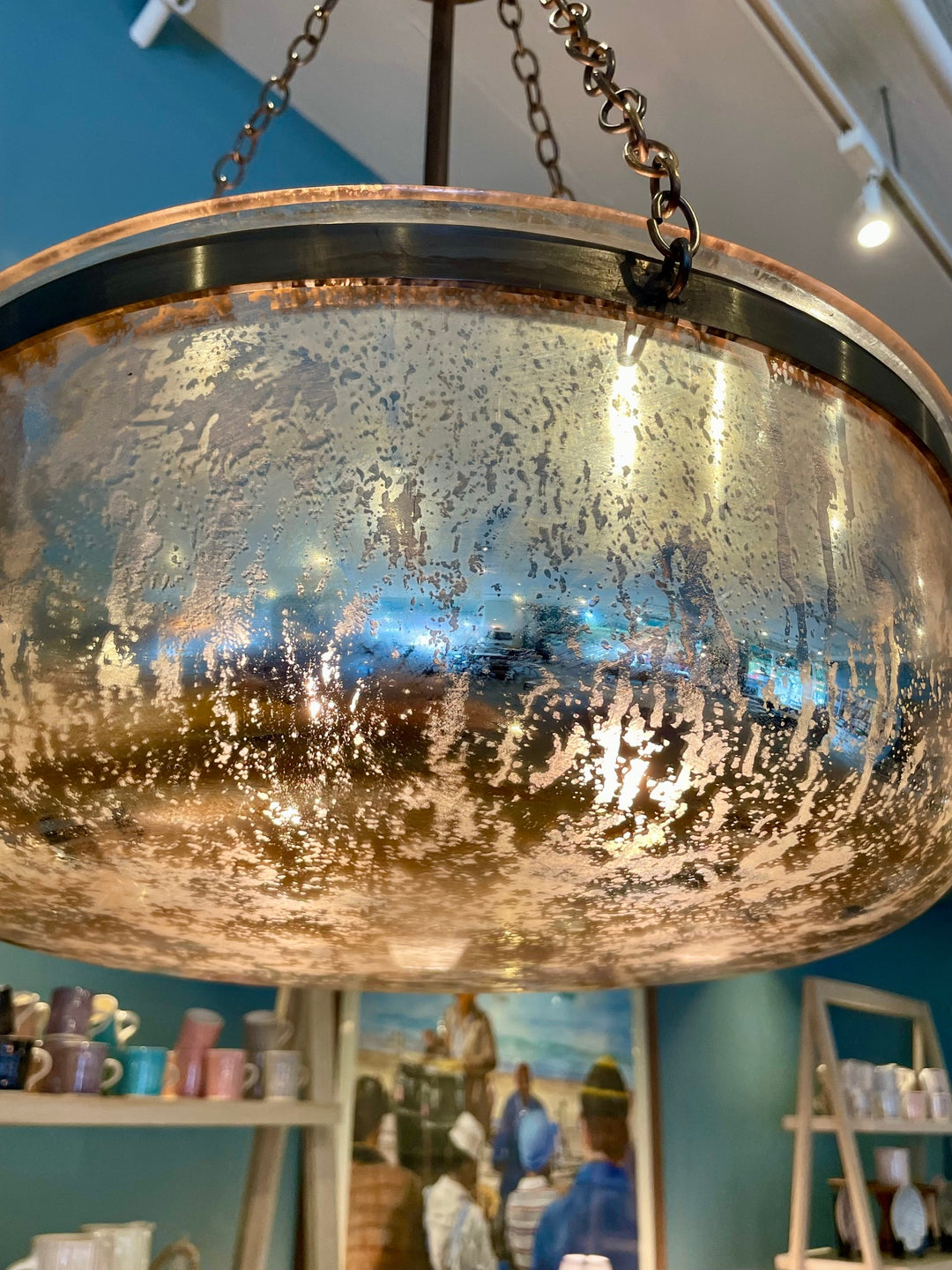 Custom Hanging Pendant Light w/ Antiqued Mercury Glass Bowl + Oil Rubbed Bronze Frame