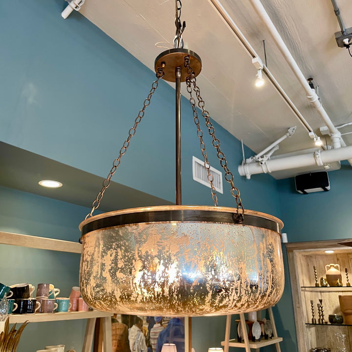 Custom Hanging Pendant Light w/ Antiqued Mercury Glass Bowl + Oil Rubbed Bronze Frame