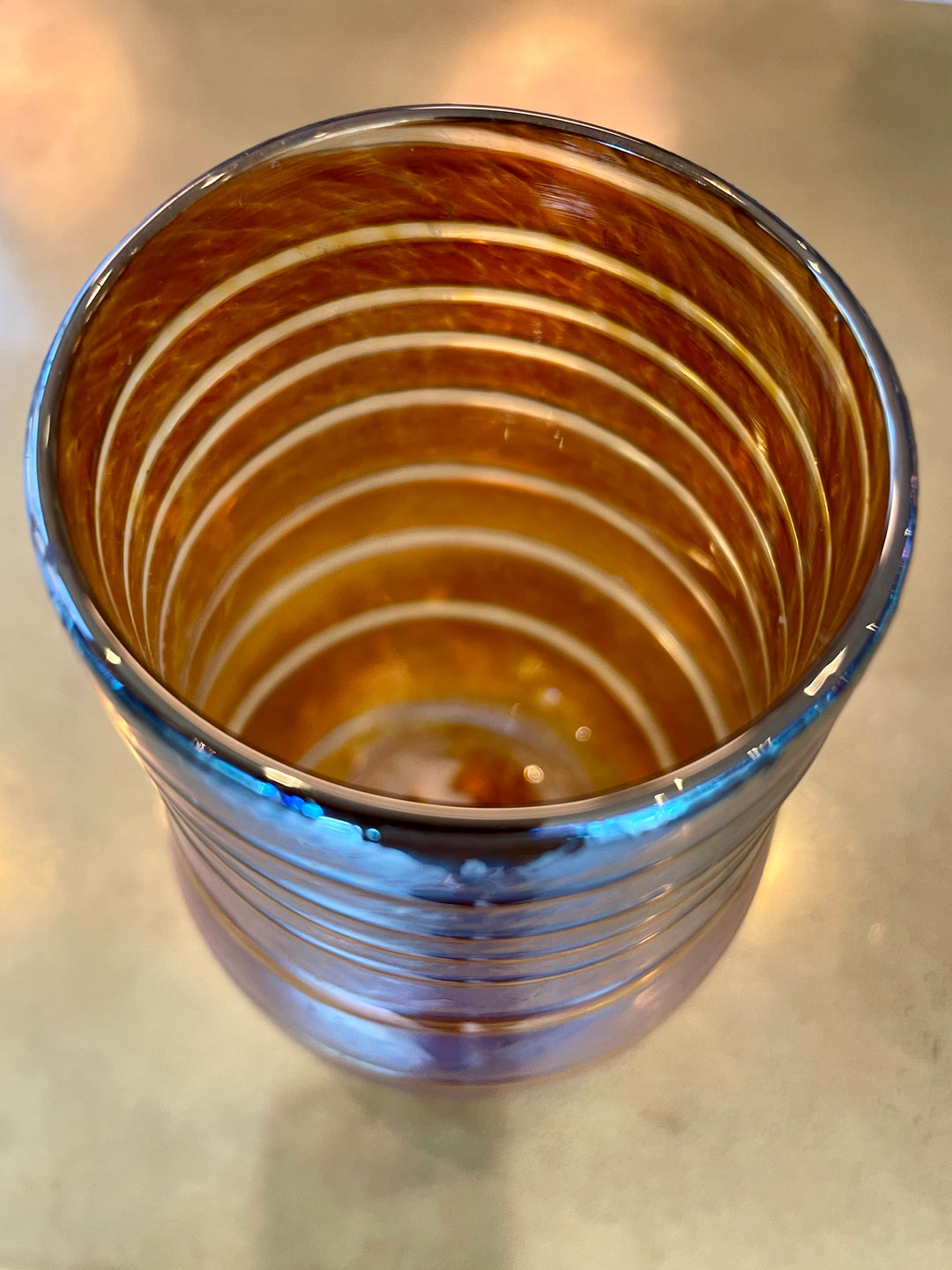 Vintage Iridescent Gold Swirled Art Glass Vase, Signed + Dated