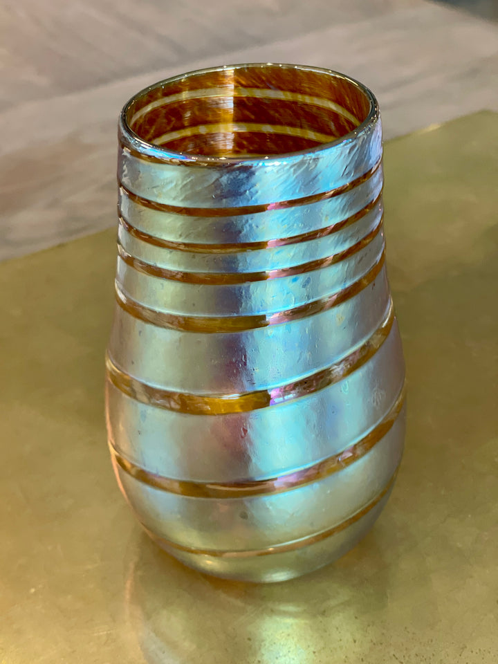 Vintage Iridescent Gold Swirled Art Glass Vase, Signed + Dated