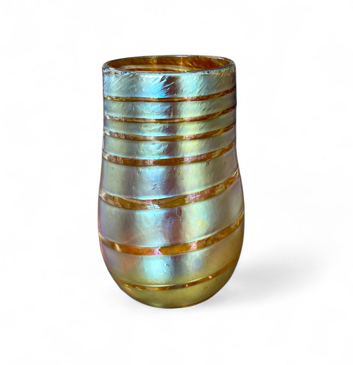 Vintage Iridescent Gold Swirled Art Glass Vase, Signed + Dated