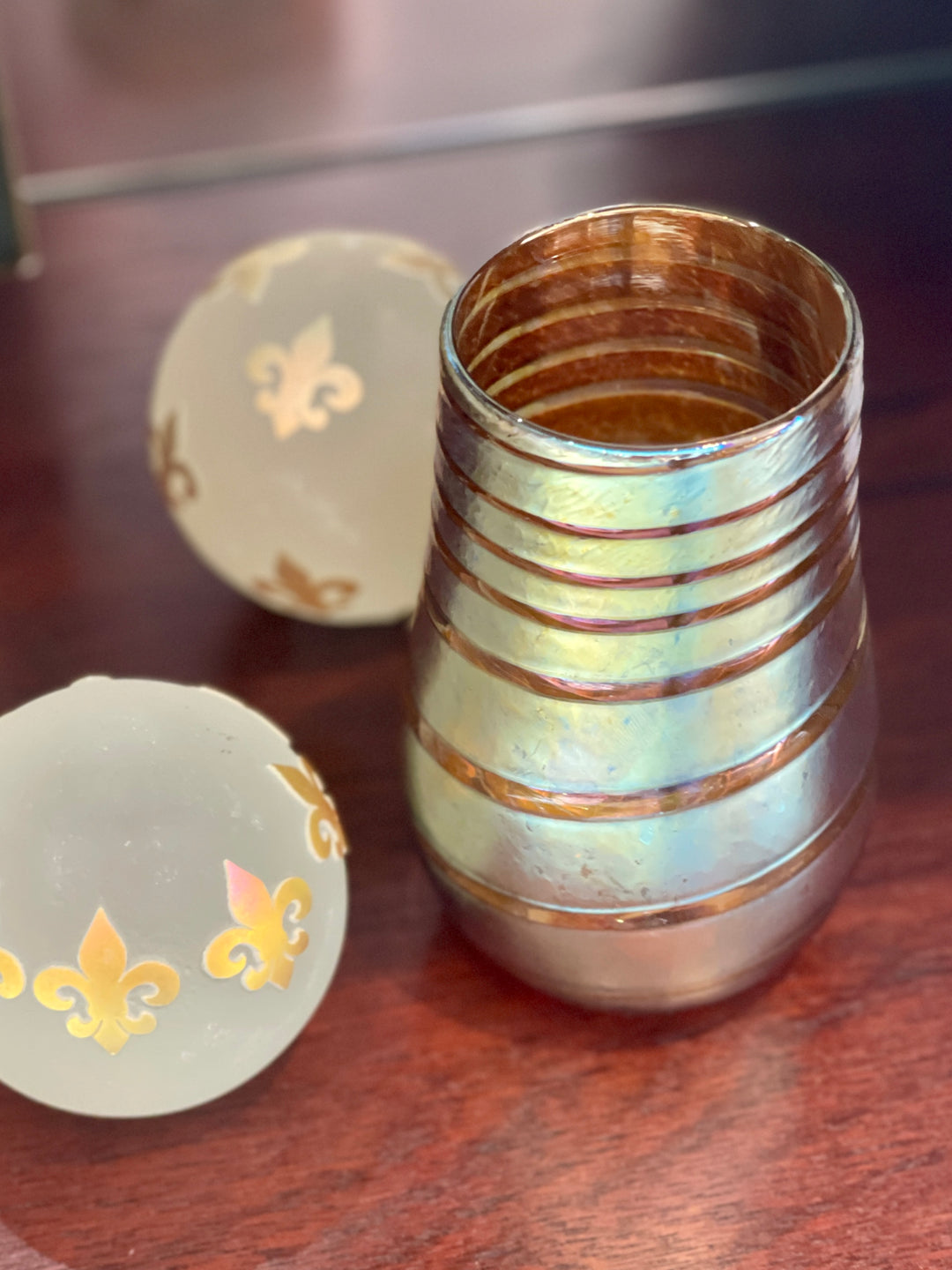 Vintage Iridescent Gold Swirled Art Glass Vase, Signed + Dated