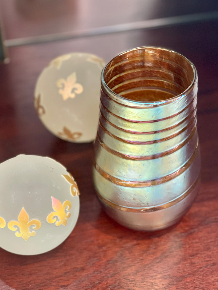 Vintage Iridescent Gold Swirled Art Glass Vase, Signed + Dated