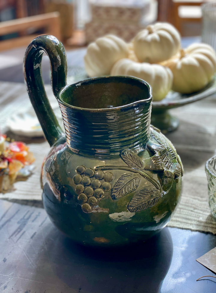 Vintage Mexican Terracotta Green Glaze Pitcher w/Grape Motif