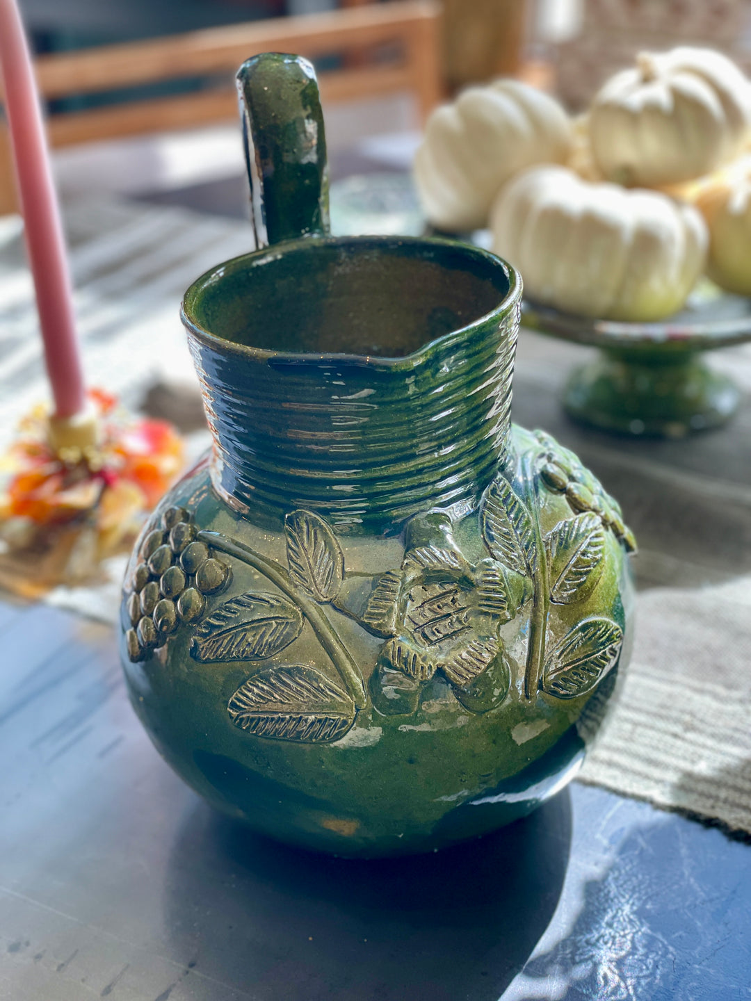Vintage Mexican Terracotta Green Glaze Pitcher w/Grape Motif