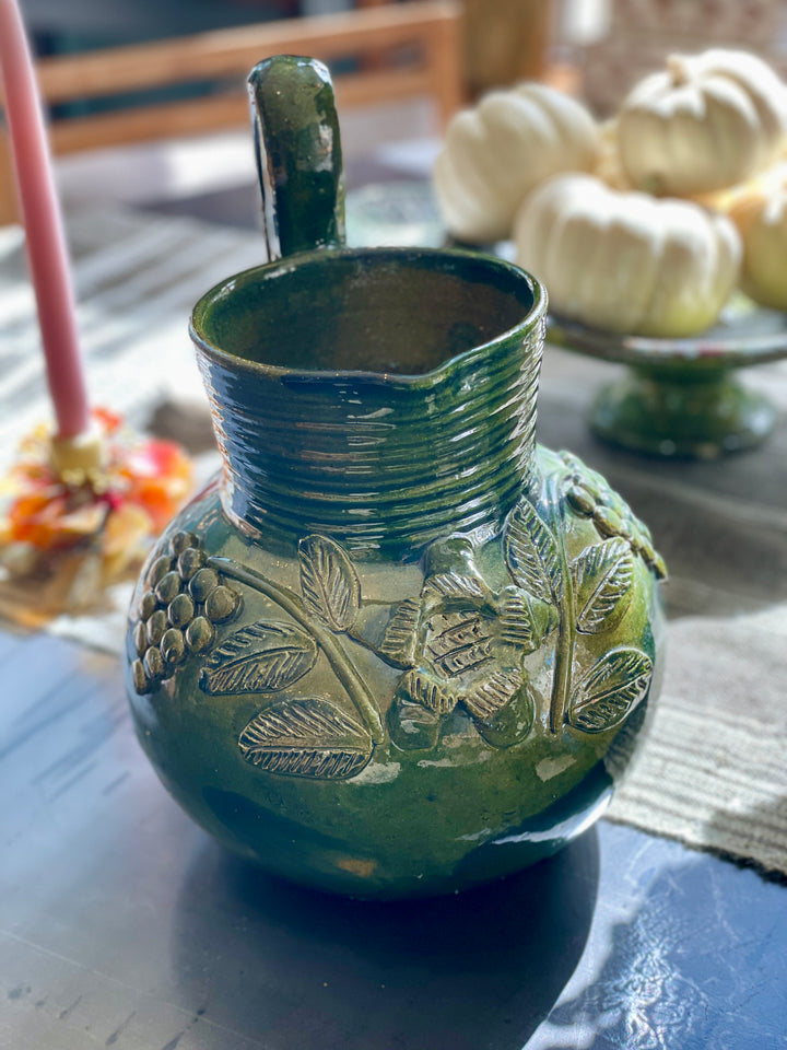 Vintage Mexican Terracotta Green Glaze Pitcher w/Grape Motif