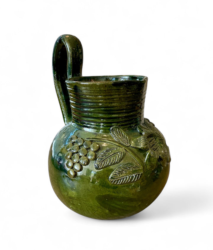 Vintage Mexican Terracotta Green Glaze Pitcher w/Grape Motif