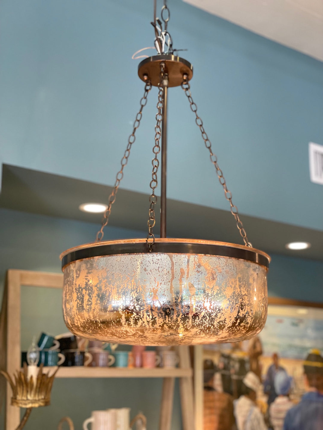 Custom Hanging Pendant Light w/ Antiqued Mercury Glass Bowl + Oil Rubbed Bronze Frame