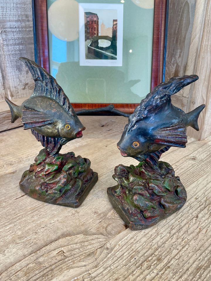Vintage Bronze Fish Bookends, Dated 1930 | Pair