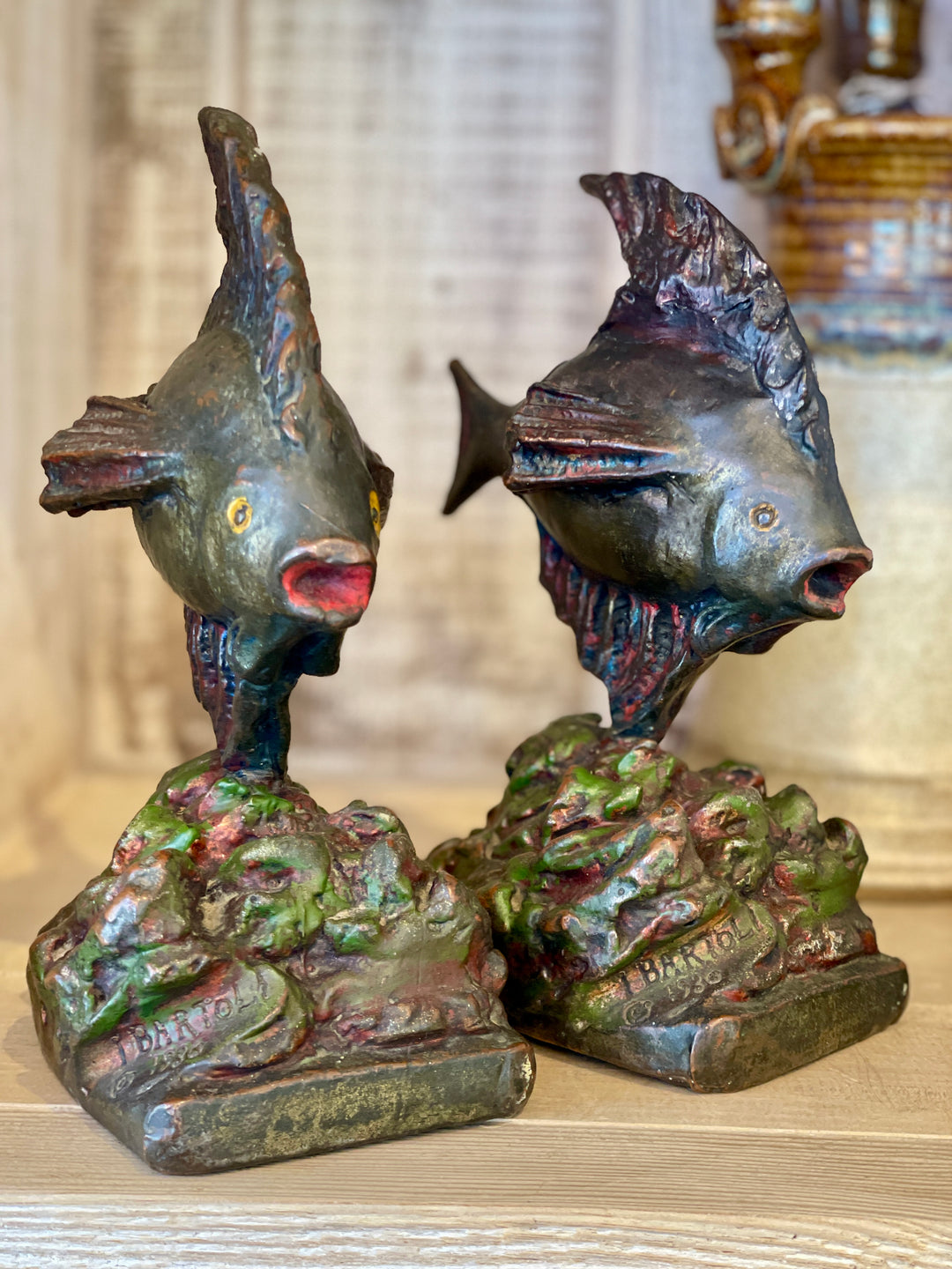 Vintage Bronze Fish Bookends, Dated 1930 | Pair