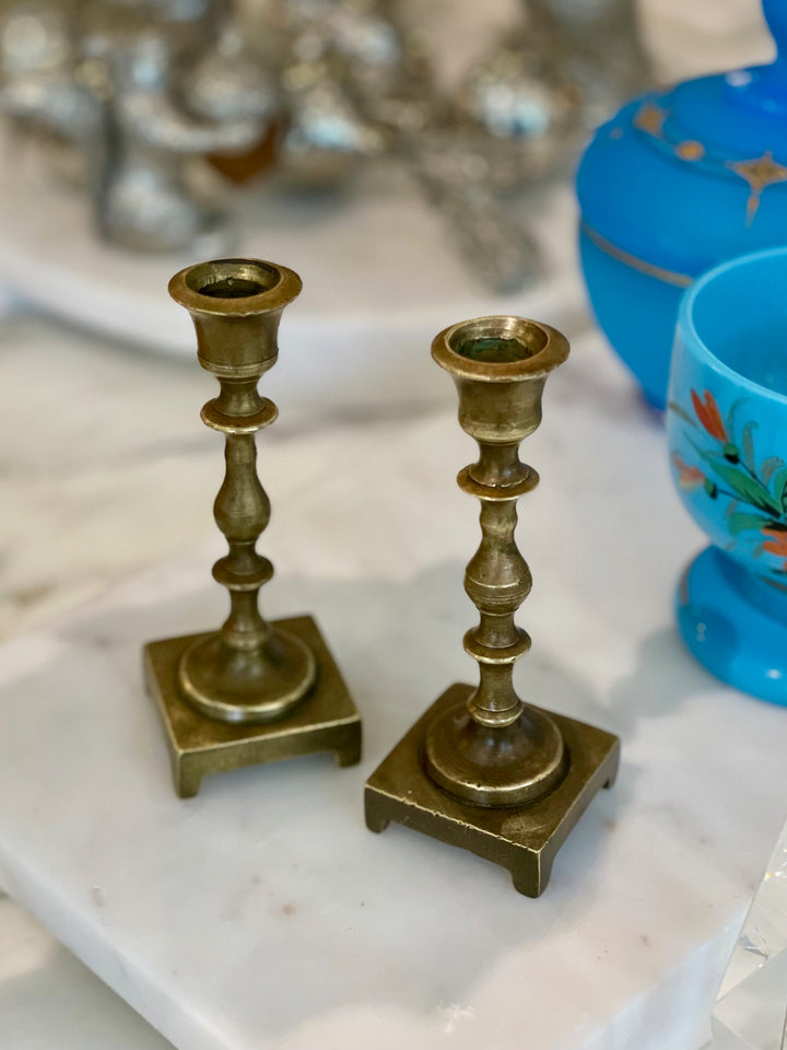 Vintage Small Turned Brass Candle Holders  | Pair