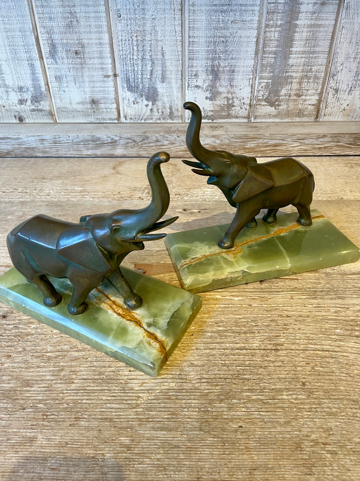 Vintage Art Deco Bookends, Brass Elephants on Green Onyx Bases | Pair