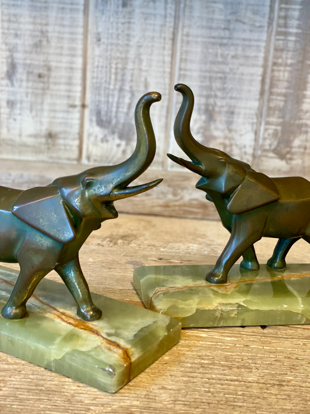 Vintage Art Deco Bookends, Brass Elephants on Green Onyx Bases | Pair