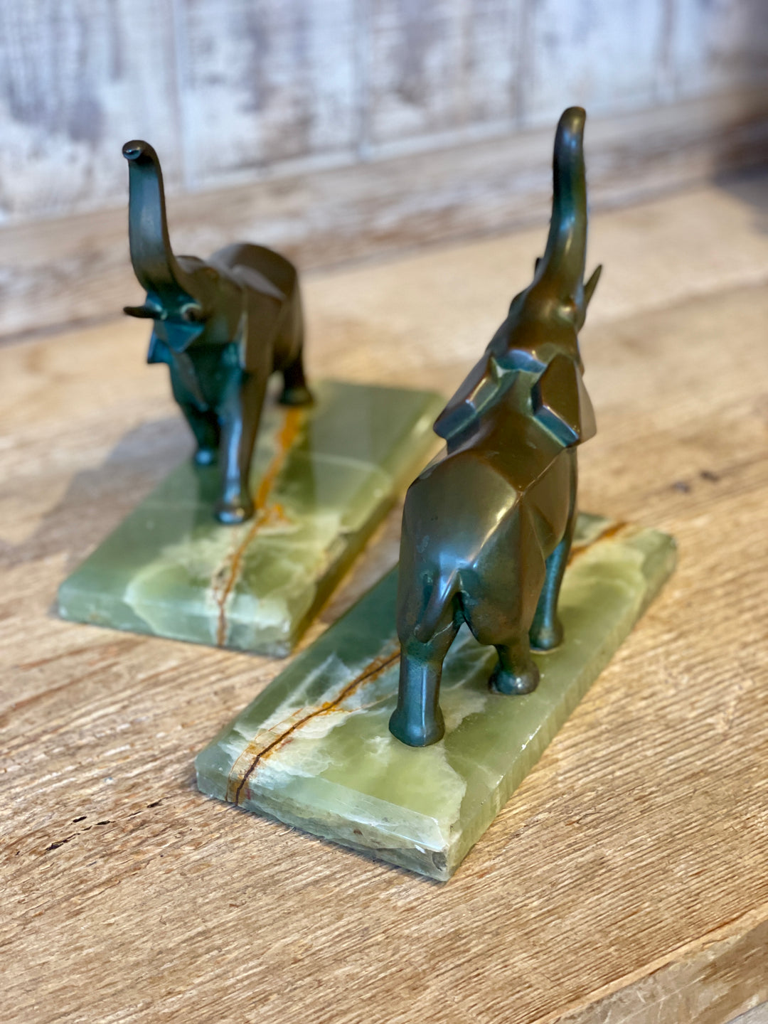 Vintage Art Deco Bookends, Brass Elephants on Green Onyx Bases | Pair