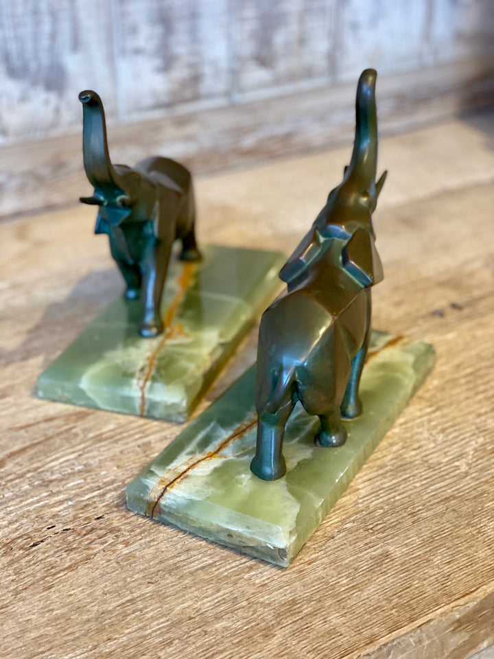 Vintage Art Deco Bookends, Brass Elephants on Green Onyx Bases | Pair