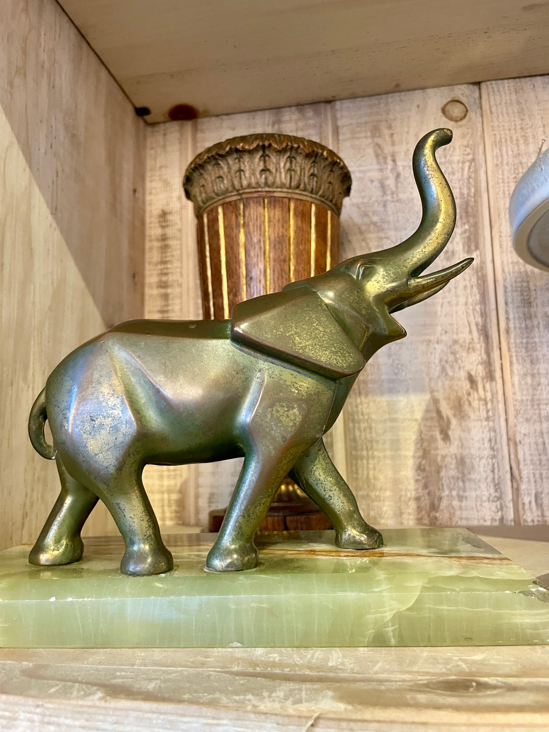 Vintage Art Deco Bookends, Brass Elephants on Green Onyx Bases | Pair