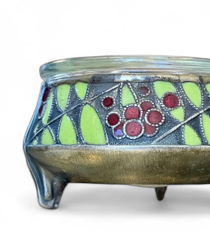 Vintage Silver Plate + Enamel Salt Pot w/ Glass Insert, Russia