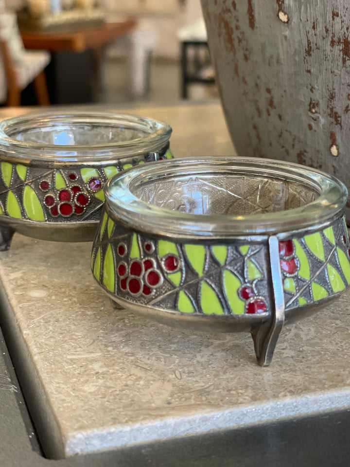 Vintage Silver Plate + Enamel Salt Pot w/ Glass Insert, Russia