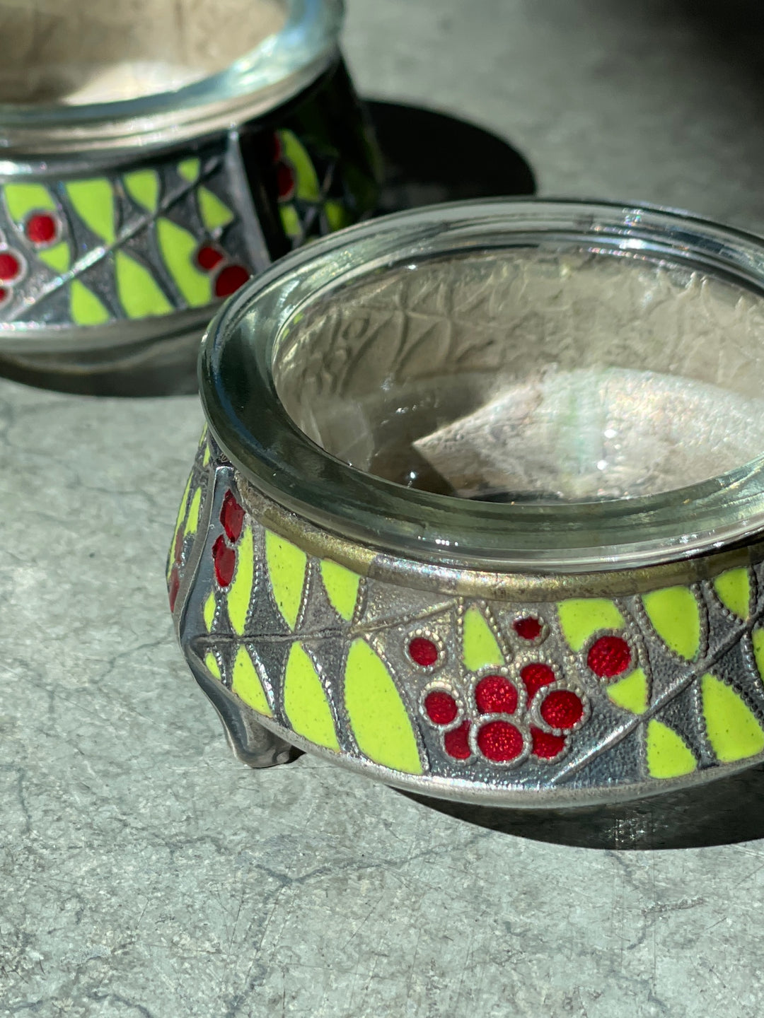 Vintage Silver Plate + Enamel Salt Pot w/ Glass Insert, Russia