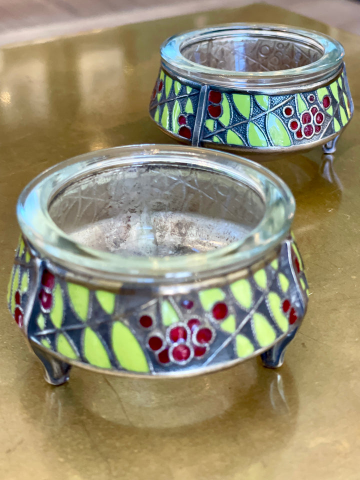 Vintage Silver Plate + Enamel Salt Pot w/ Glass Insert, Russia