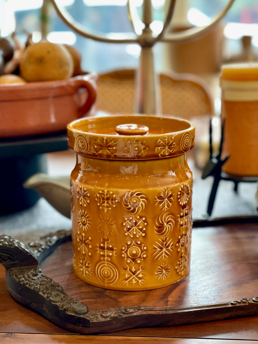 Vintage Portmeirion Amber Glazed Lidded Biscuit Jar, England