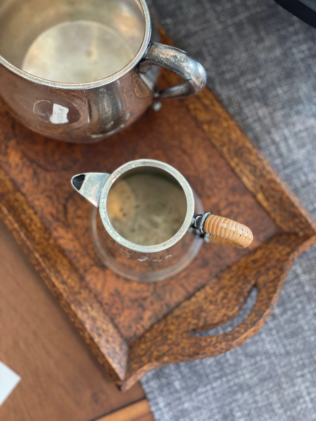 Vintage Small Hand Tooled Wood Tray with Handles