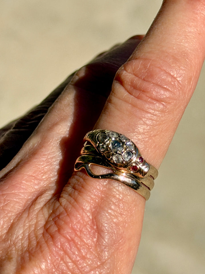 Victorian Gold Snake Engagement Ring w/Diamonds + Ruby Eyes