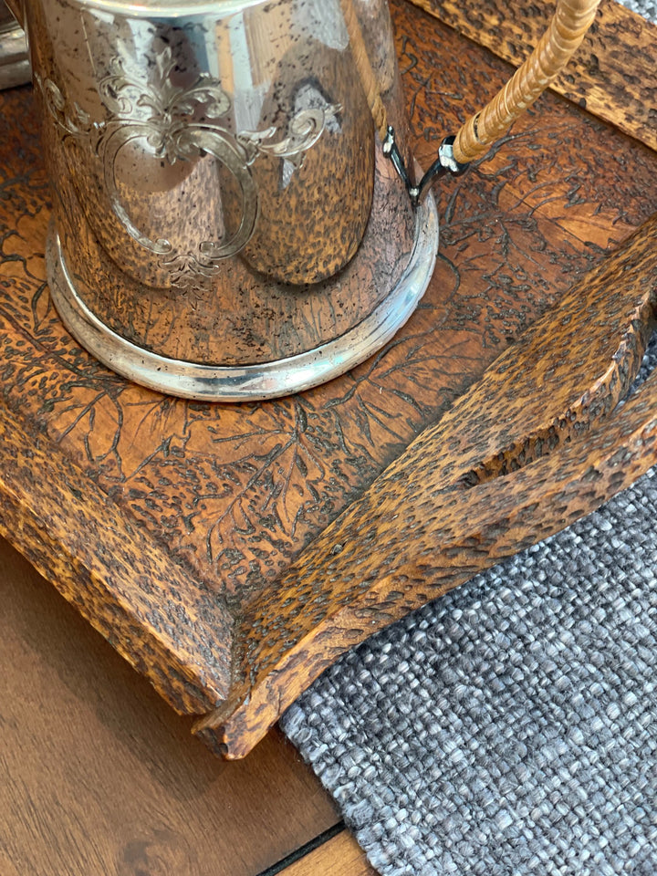 Vintage Small Hand Tooled Wood Tray with Handles