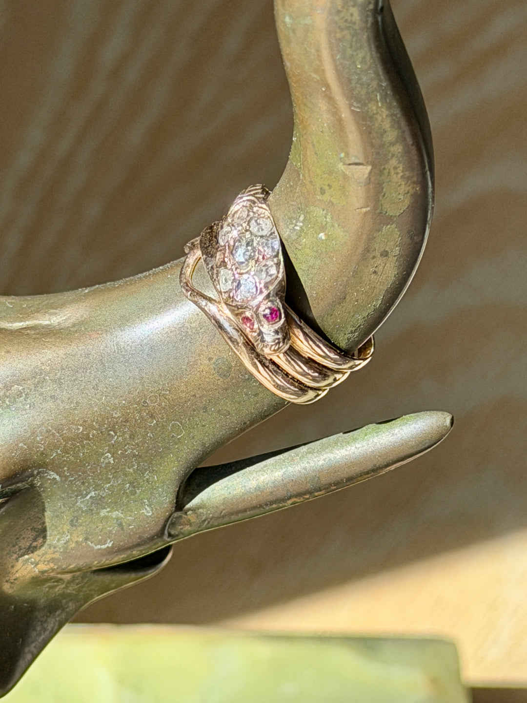 Victorian Gold Snake Engagement Ring w/Diamonds + Ruby Eyes