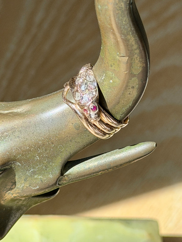 Victorian Gold Snake Engagement Ring w/Diamonds + Ruby Eyes