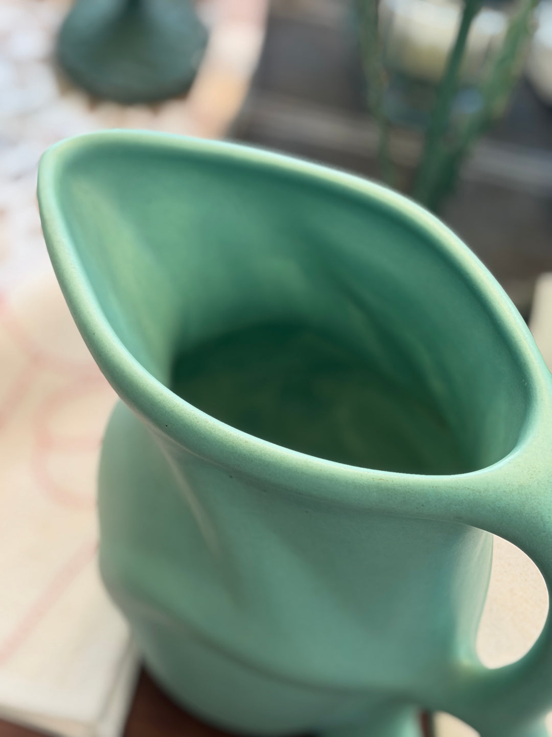 Vintage Post-Modern Pottery Pitcher w/ Double Handle + Matte Green Glaze