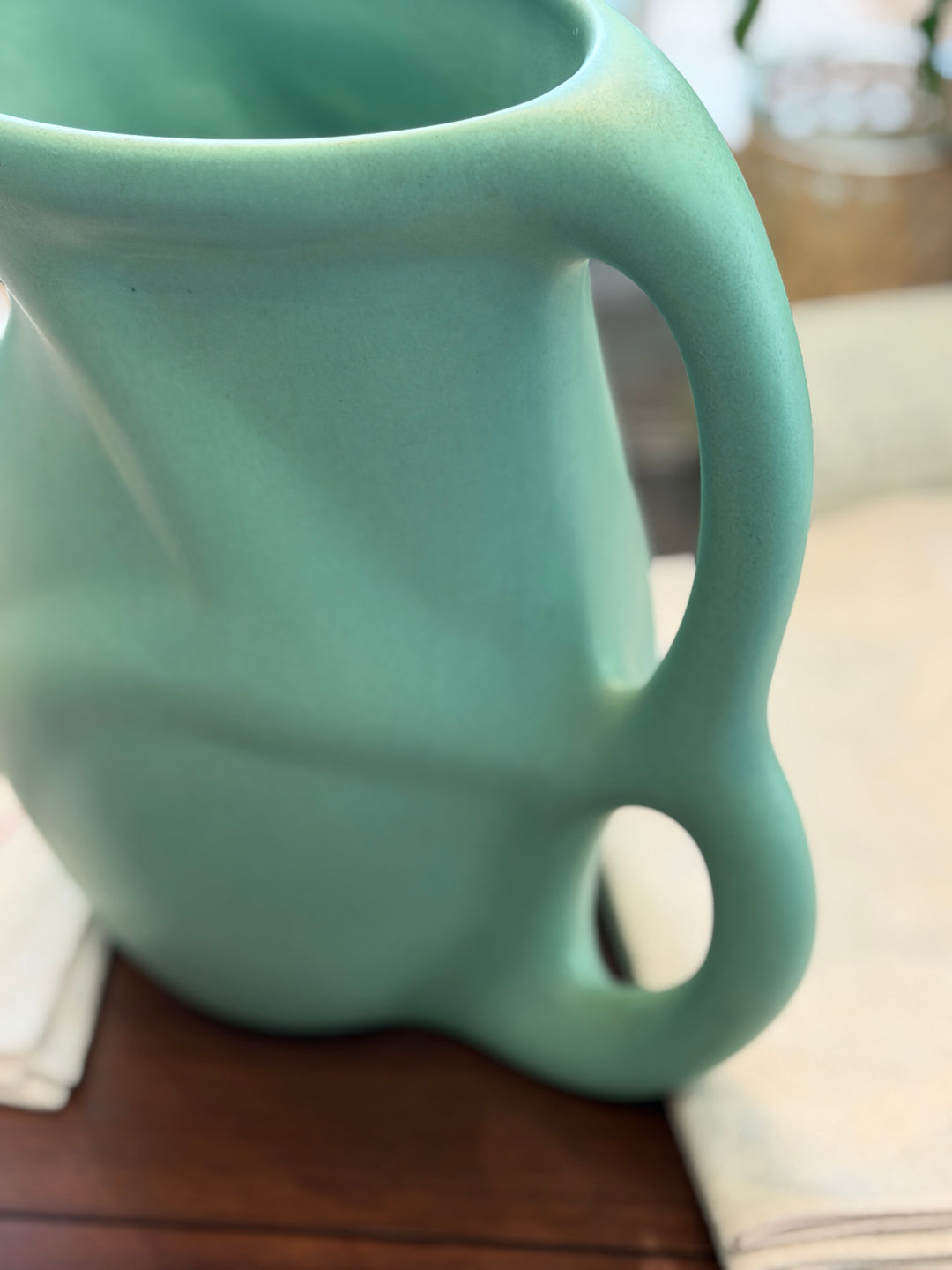 Vintage Post-Modern Pottery Pitcher w/ Double Handle + Matte Green Glaze