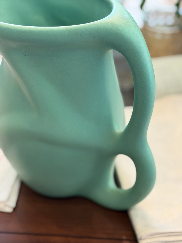 Vintage Post-Modern Pottery Pitcher w/ Double Handle + Matte Green Glaze